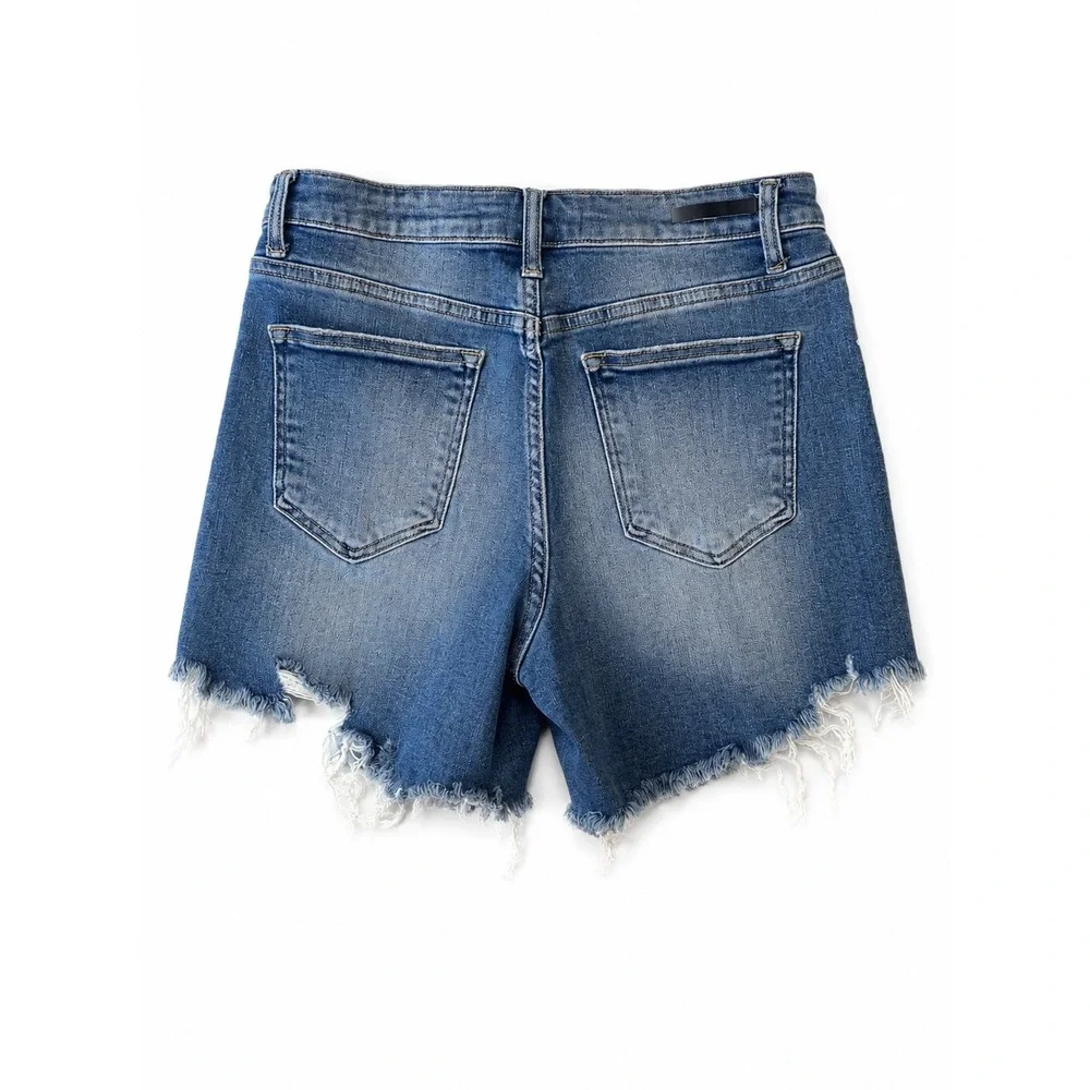 Risen Distressed Raw Hem Denim Shorts Women's Size Large High Rise Stretch Blue